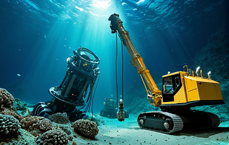 **

A vibrant underwater scene showcasing deep-sea mining operations. Include robotic vehicles extracting minerals from the seabed, juxtaposed with fragile deep-sea ecosystems teeming with unusual marine life. Emphasize the contrast between technological advancement and environmental vulnerability. Add a faint glow emanating from the mining equipment. The overall mood is one of cautious exploration with underlying anxiety.

**
