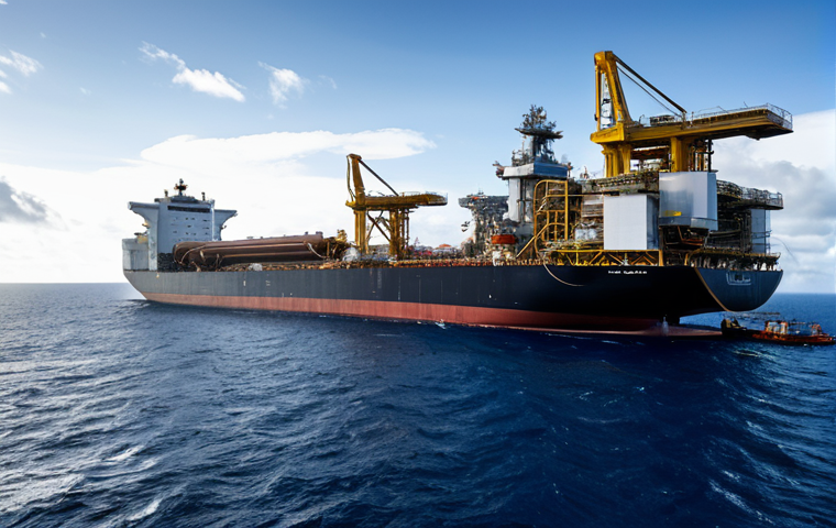 A colossal Floating Production Storage and Offloading (FPSO) vessel, surrounded by specialized support vessels, majestically processes oil from unseen subsea wells in the vast, deep ocean. Complex piping, drilling equipment, and advanced technology are visible on the platform, set against a dramatic sky that emphasizes the remoteness and scale of the industrial operation. The overall scene conveys human ingenuity and engineering prowess in a challenging environment. Professional photography, highly detailed, realistic, high-definition, appropriate content, safe for work, fully clothed, professional setting, perfect anatomy, correct proportions.