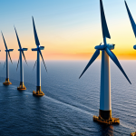 **

"A vast offshore wind farm at sunset, featuring numerous wind turbines with massive blades constructed of carbon fiber reinforced epoxy, towers made of steel, and complex foundation structures anchored to the seabed. Subsea cables are visible leading towards the shore. The scene emphasizes the scale and engineering of these structures. Safe for work, appropriate content, fully clothed, professional, perfect anatomy, natural proportions, high resolution, detailed textures, realistic rendering."

**