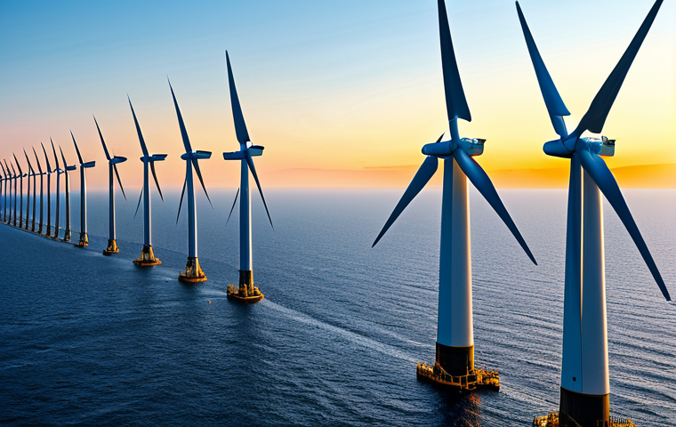 **

"A vast offshore wind farm at sunset, featuring numerous wind turbines with massive blades constructed of carbon fiber reinforced epoxy, towers made of steel, and complex foundation structures anchored to the seabed. Subsea cables are visible leading towards the shore. The scene emphasizes the scale and engineering of these structures. Safe for work, appropriate content, fully clothed, professional, perfect anatomy, natural proportions, high resolution, detailed textures, realistic rendering."

**