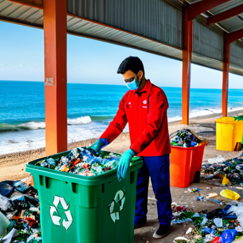 **

"Ocean plastic recycling facility on a sunny coastline, showing workers in appropriate attire sorting and processing collected plastic waste, with a variety of colorful recycled plastic products in the foreground, fully clothed, safe for work, appropriate content, professional, perfect anatomy, natural proportions, bright and optimistic lighting, showcasing sustainability, family-friendly, high quality."

**