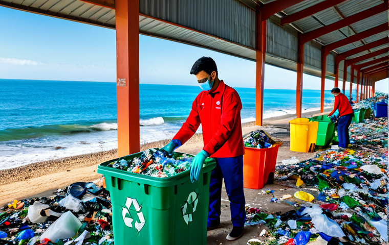 **

"Ocean plastic recycling facility on a sunny coastline, showing workers in appropriate attire sorting and processing collected plastic waste, with a variety of colorful recycled plastic products in the foreground, fully clothed, safe for work, appropriate content, professional, perfect anatomy, natural proportions, bright and optimistic lighting, showcasing sustainability, family-friendly, high quality."

**