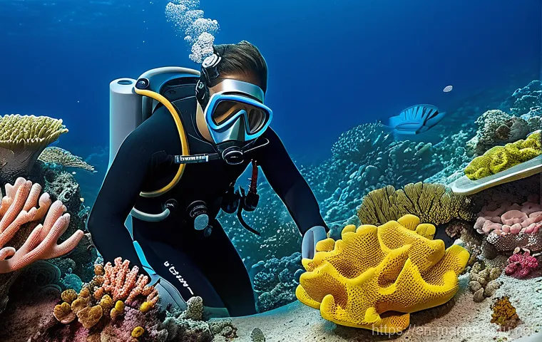 해양 환경 보호 기술 - **Prompt Title:** Eyes Beneath the Waves: AUV Exploring a Coral Reef
    **Image Prompt:** An immers...