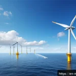 Home 19 해양풍력 발전의 최신 기술 동향 - A highly detailed offshore scene featuring a large floating wind turbine anchored in deep ocean wate...