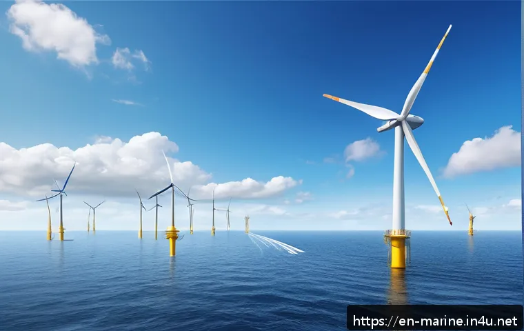 해양풍력 발전의 최신 기술 동향 - A highly detailed offshore scene featuring a large floating wind turbine anchored in deep ocean wate...