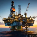 Home 18 해양자원 개발의 안전성 관리 - A high-tech offshore oil platform at sunset, equipped with numerous IoT sensors visibly attached to ...