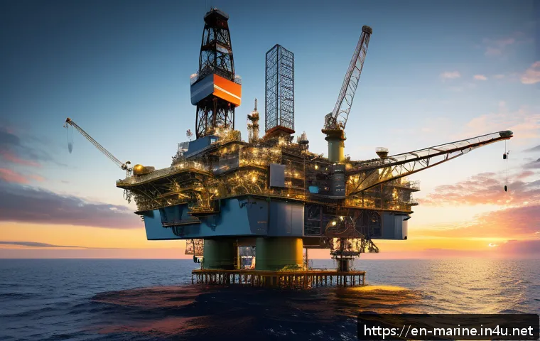 해양자원 개발의 안전성 관리 - A high-tech offshore oil platform at sunset, equipped with numerous IoT sensors visibly attached to ...