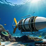 Home 23 해양에너지 발전소 - A detailed underwater scene depicting a tidal stream turbine anchored to the seabed with rotating bl...