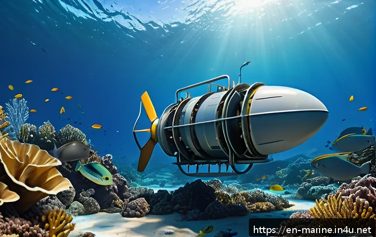 해양에너지 발전소 - A detailed underwater scene depicting a tidal stream turbine anchored to the seabed with rotating bl...