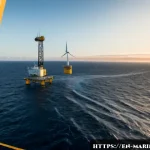 해양자원 개발과 환경적 지속 가능성 - Photorealistic wide-angle view of an offshore wind farm beside a modern ocean research platform at s...