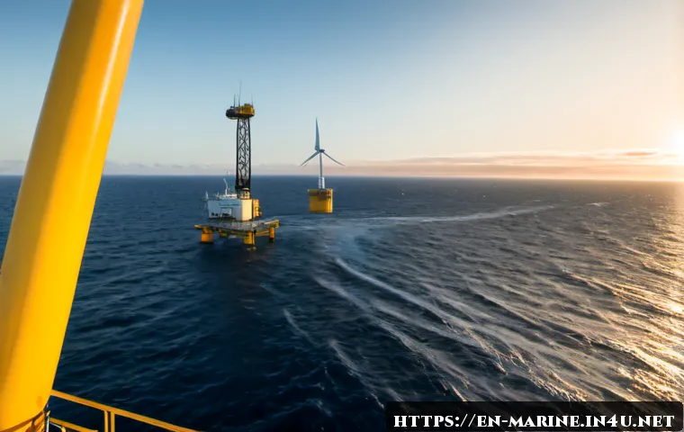 해양자원 개발과 환경적 지속 가능성 - Photorealistic wide-angle view of an offshore wind farm beside a modern ocean research platform at s...