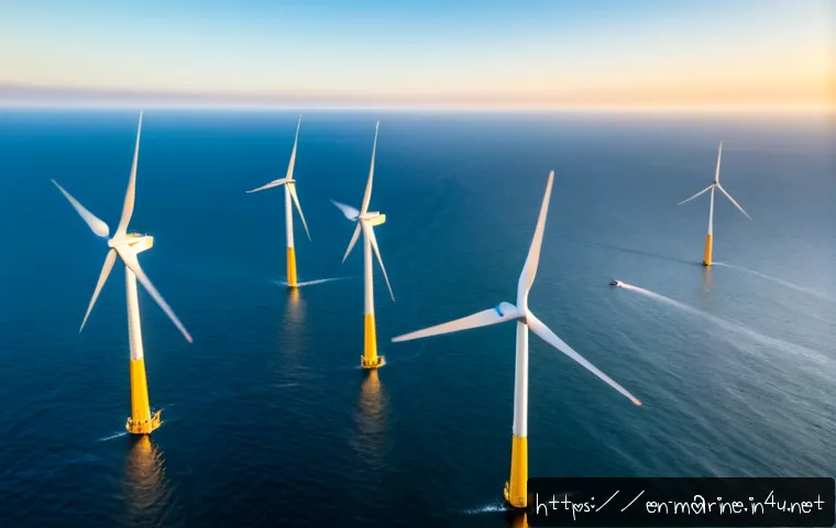 해양풍력 발전의 환경적 영향 - Photorealistic wide aerial view of an offshore wind farm at sunrise, sleek white turbines rising fro...