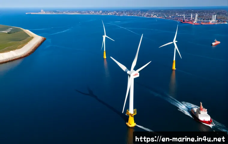 해양풍력 발전 관련 정책 - Photorealistic wide aerial view of a modern offshore wind farm along a North American coastline, tal...