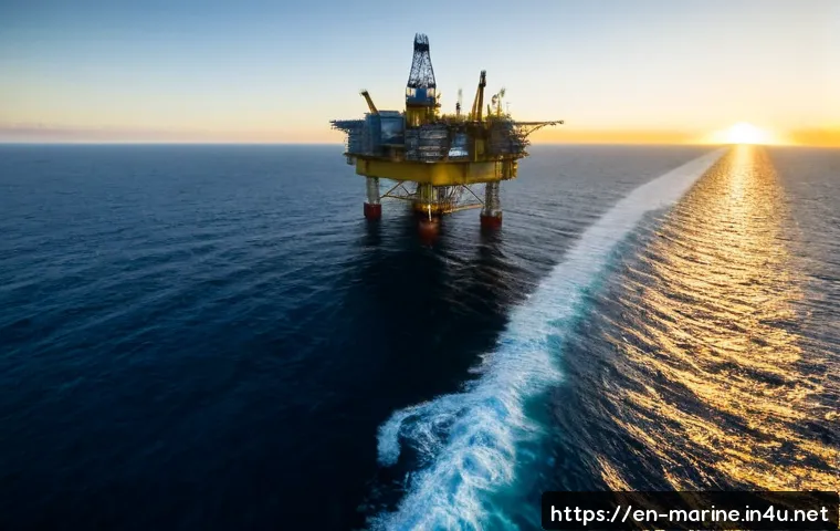 해양법과 대륙붕 자원 개발 - Photorealistic wide-angle view of an offshore oil platform operating at the edge of a continental sh...